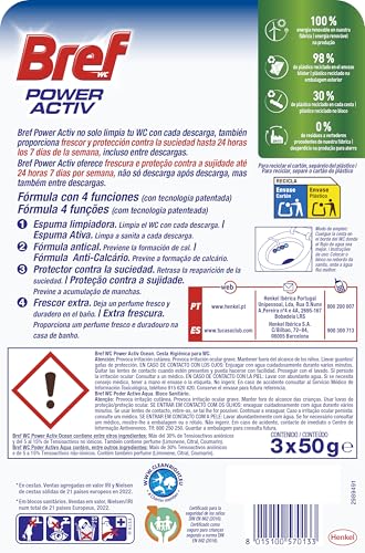 Bref WC Power Activ Ocean Detergente Profumatore in Pastiglie Igienizzante Bagno, Pulito, Fresco, 1 Confezione da 3 Pezzi