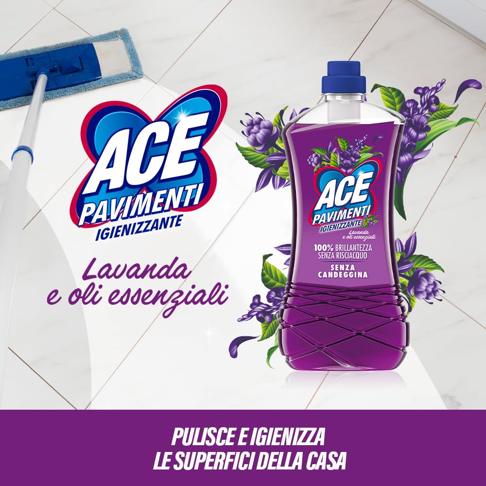 ACE Pavimenti Igienizzante Lavanda ed Oli Essenziali, Senza Candeggina, 8 Flaconi da 1 Litro