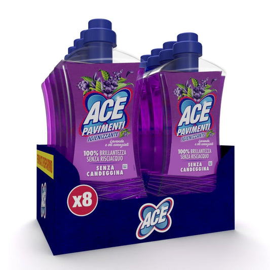 ACE Pavimenti Igienizzante Lavanda ed Oli Essenziali, Senza Candeggina, 8 Flaconi da 1 Litro