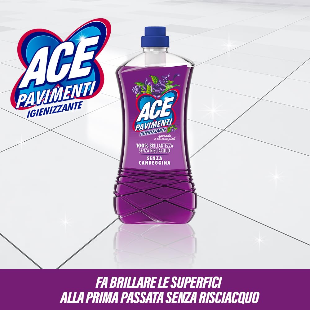 ACE Pavimenti Igienizzante Lavanda ed Oli Essenziali, Senza Candeggina, 8 Flaconi da 1 Litro