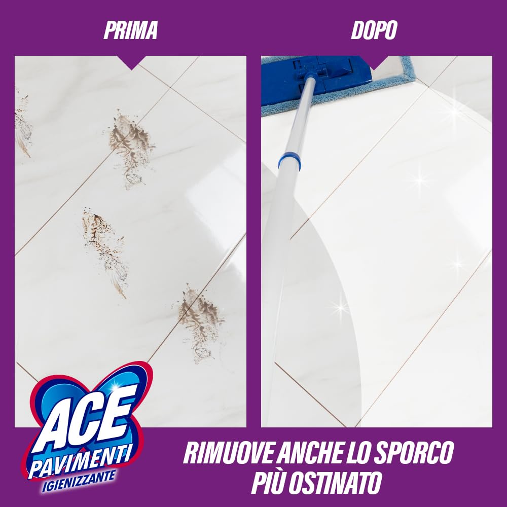 ACE Pavimenti Igienizzante Lavanda ed Oli Essenziali, Senza Candeggina, 8 Flaconi da 1 Litro