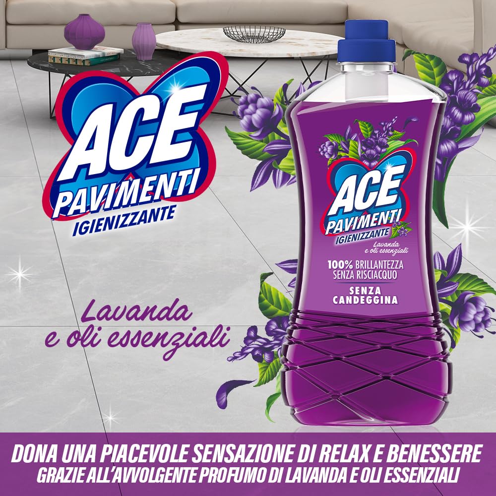 ACE Pavimenti Igienizzante Lavanda ed Oli Essenziali, Senza Candeggina, 8 Flaconi da 1 Litro