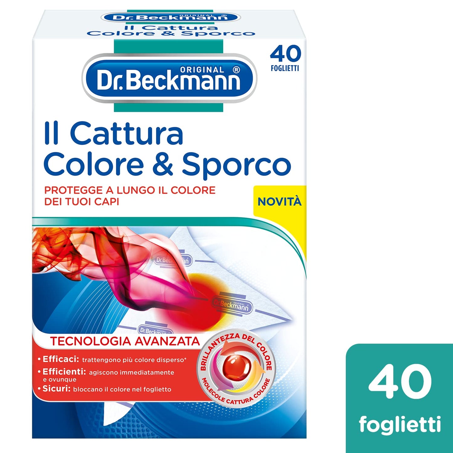 Dr. Beckmann Cattura Colore & Sporco Tecnologia Avanzata | Per proteggere a lungo i colori del bucato | Con molecole che catturano colori e microfibre | 40 foglietti