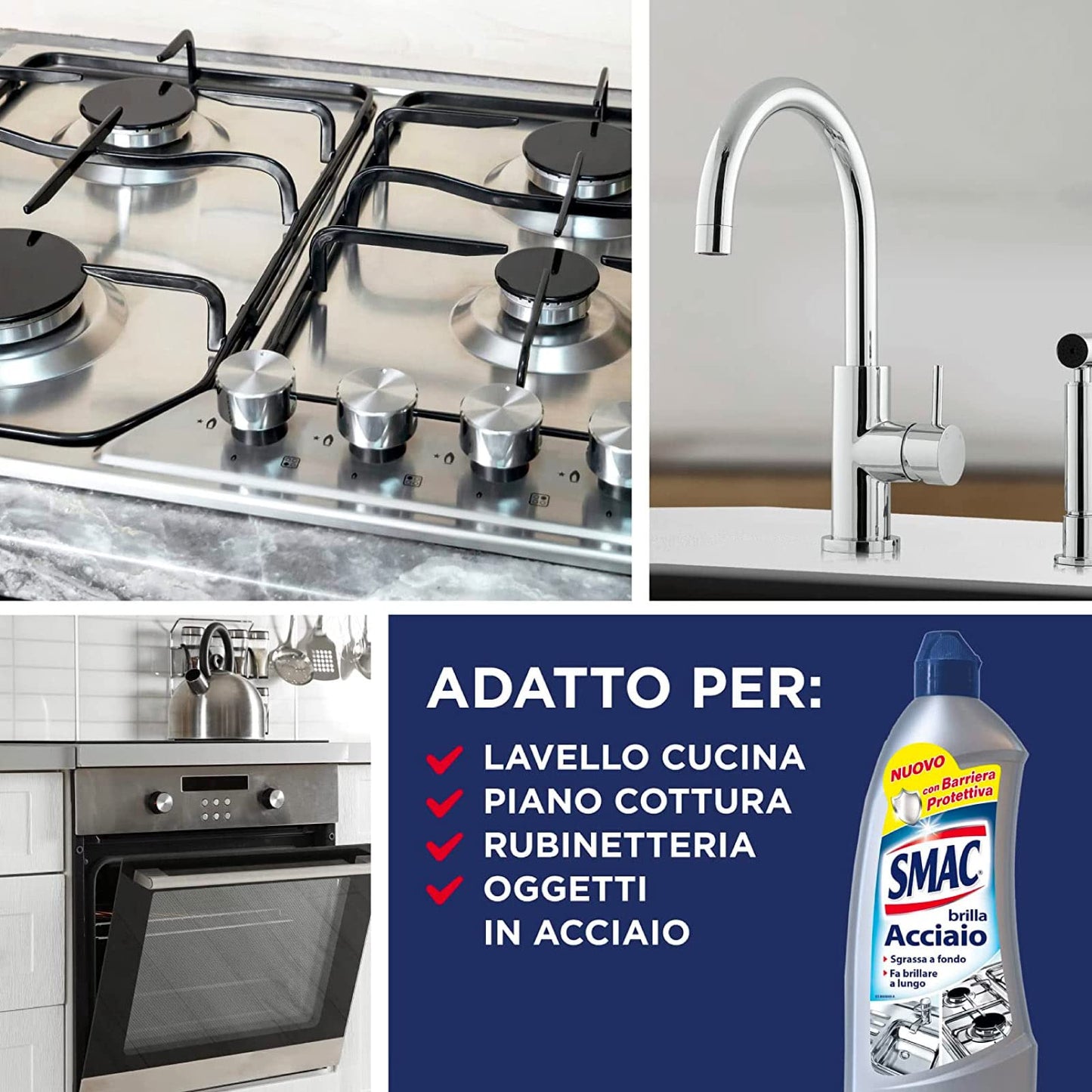 Smac - Brilla Acciaio, Detergente Crema, Azione Anticalcare e Lucidante, con Barriera Protettiva, 520 ml x 4 Pezzi