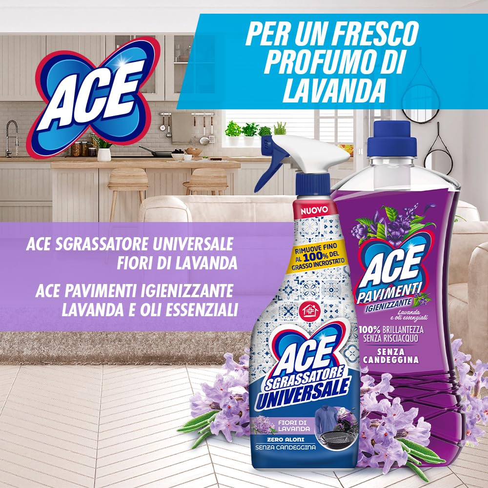 ACE Pavimenti Igienizzante Lavanda ed Oli Essenziali, Senza Candeggina, 8 Flaconi da 1 Litro