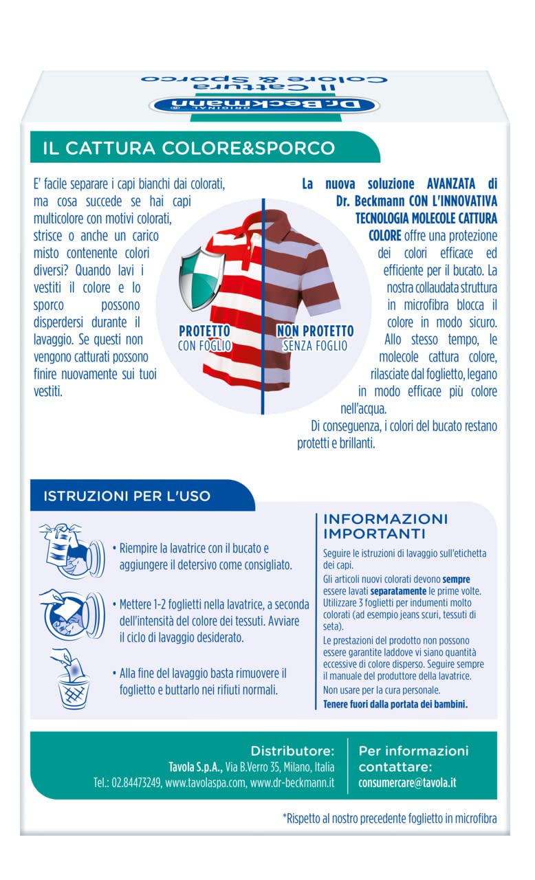 Dr. Beckmann Cattura Colore & Sporco Tecnologia Avanzata | Per proteggere a lungo i colori del bucato | Con molecole che catturano colori e microfibre | 40 foglietti