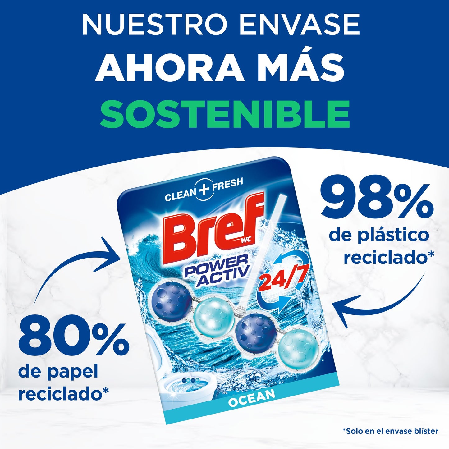 Bref WC Power Activ Ocean Detergente Profumatore in Pastiglie Igienizzante Bagno, Pulito, Fresco, 1 Confezione da 3 Pezzi