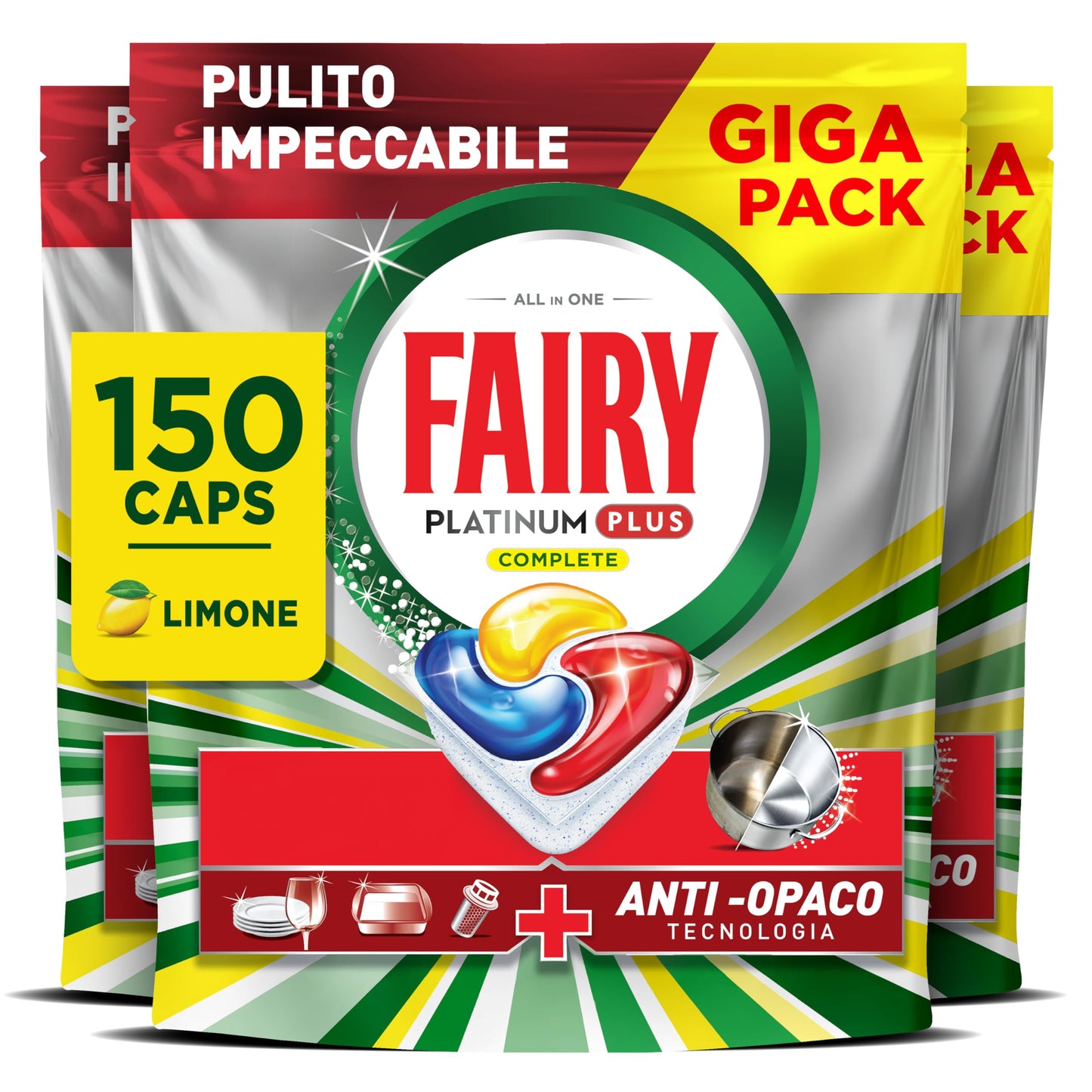 Fairy Platinum Detersivo Pastiglie Lavastoviglie Plus, Brillantante, 150 Capsule Lavastoviglie, Limone, Tecnologia Anti-Opaco, Contro Il Grasso e le Incrostazioni Ostinate Anche Nei Cicli Brevi