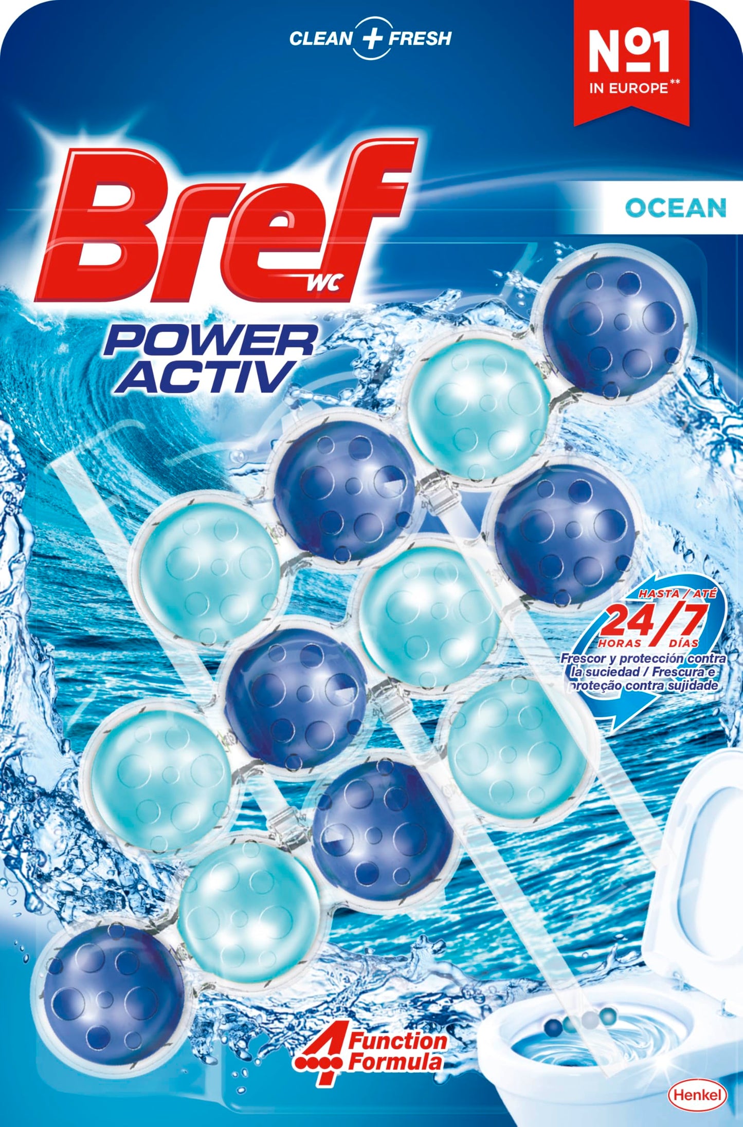 Bref WC Power Activ Ocean Detergente Profumatore in Pastiglie Igienizzante Bagno, Pulito, Fresco, 1 Confezione da 3 Pezzi
