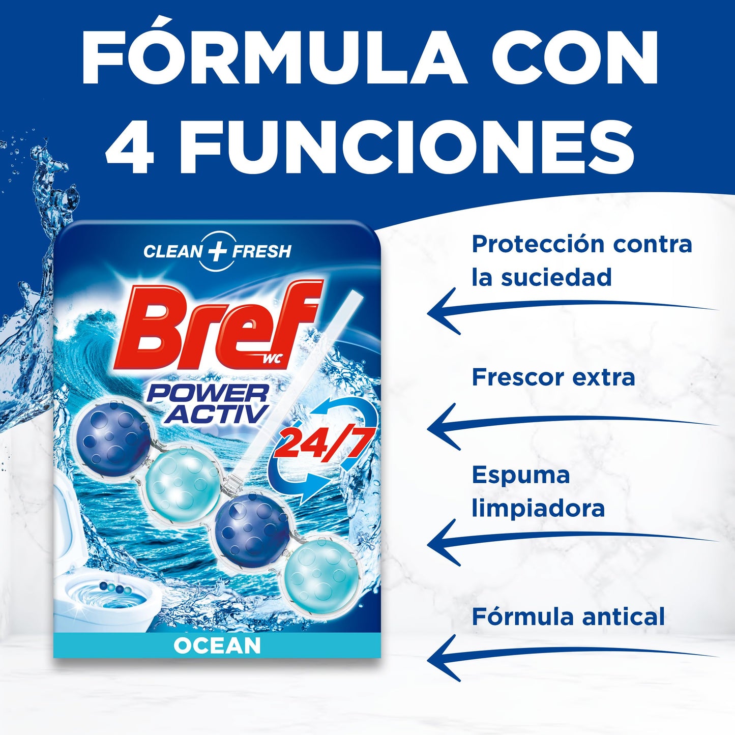 Bref WC Power Activ Ocean Detergente Profumatore in Pastiglie Igienizzante Bagno, Pulito, Fresco, 1 Confezione da 3 Pezzi