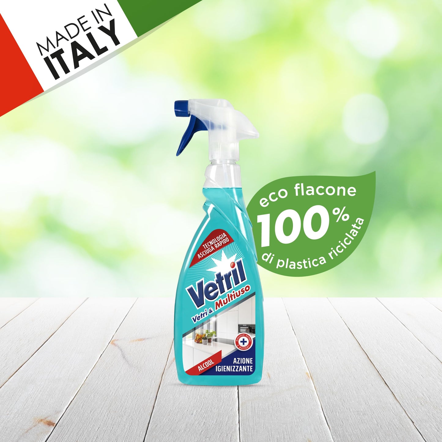 Vetril - Spray Igienizzante Vetri e Superfici, Contro Batteri e Cattivi Odori, Brillantezza Senza Aloni, 650 ml x 4