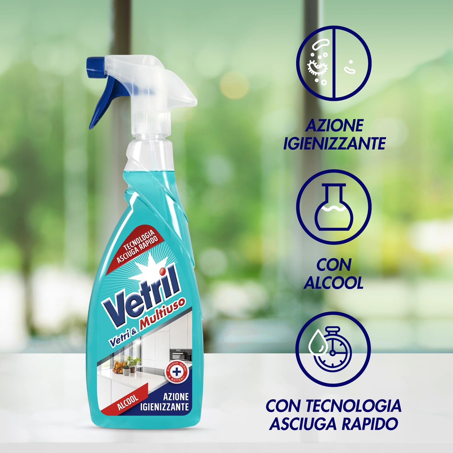 Vetril - Spray Igienizzante Vetri e Superfici, Contro Batteri e Cattivi Odori, Brillantezza Senza Aloni, 650 ml x 4
