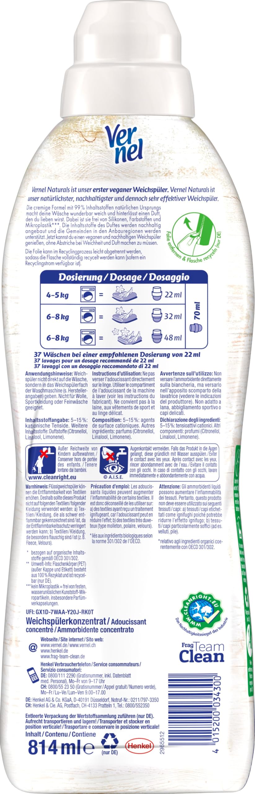 Vernel Naturals Ammorbidente Ylang & Erba dolce, 100% vegano, 99% ingredienti a base naturale, senza siliconi e coloranti (384 (12 x 32) lavaggi)