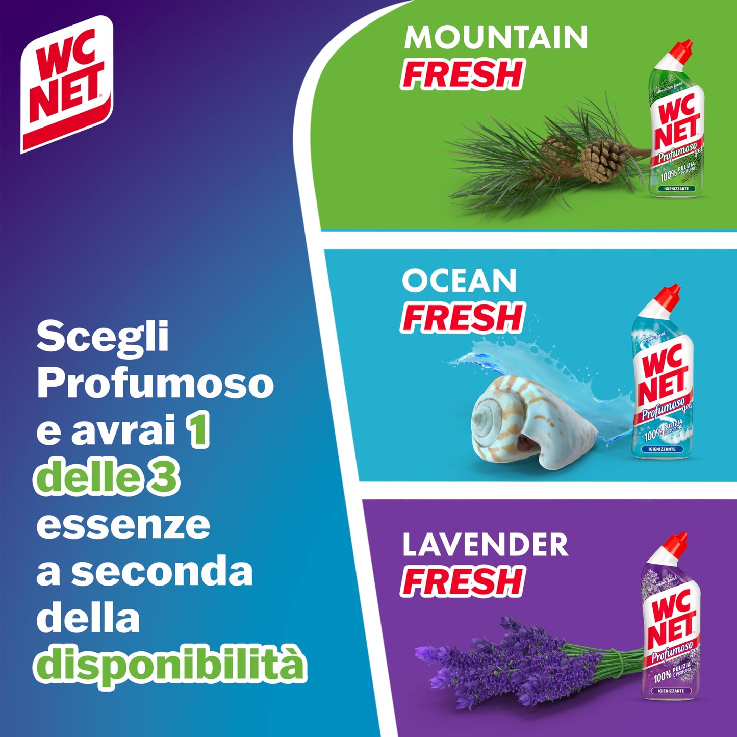 Wc Net - Profumoso Gel, Anticalcare e Igienizzante per WC, Tripacco Mono Fragranza a Seconda della Disponibilità, 3 Flaconi da 700 ml