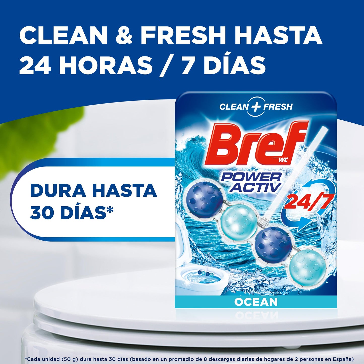 Bref WC Power Activ Ocean Detergente Profumatore in Pastiglie Igienizzante Bagno, Pulito, Fresco, 1 Confezione da 3 Pezzi