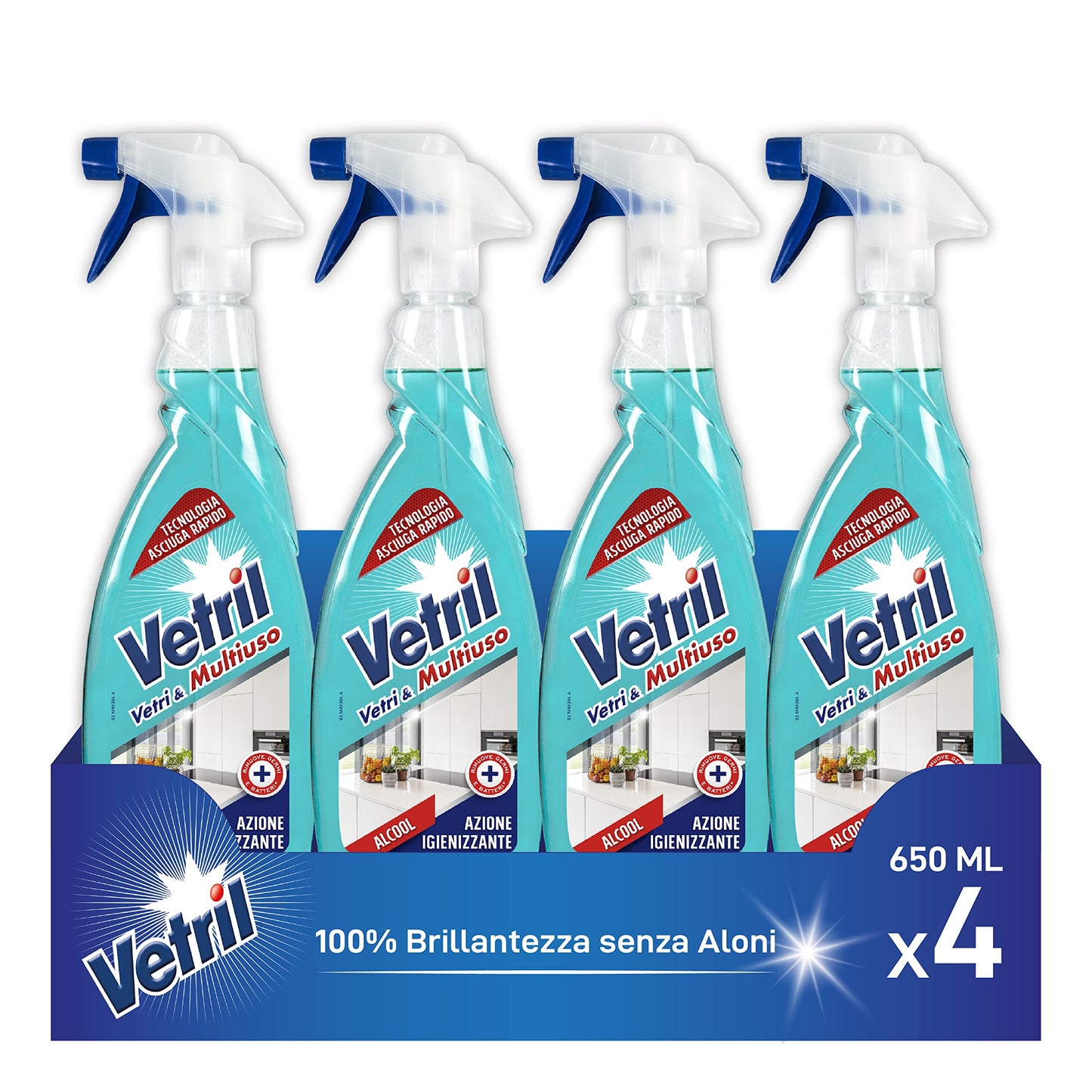 Vetril - Spray Igienizzante Vetri e Superfici, Contro Batteri e Cattivi Odori, Brillantezza Senza Aloni, 650 ml x 4
