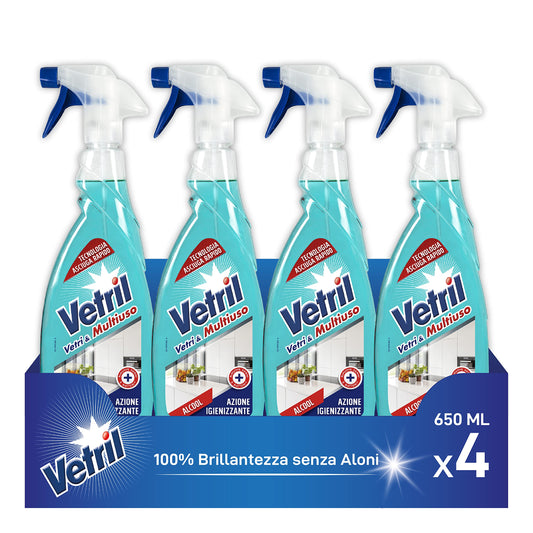 Vetril - Spray Igienizzante Vetri e Superfici, Contro Batteri e Cattivi Odori, Brillantezza Senza Aloni, 650 ml x 4