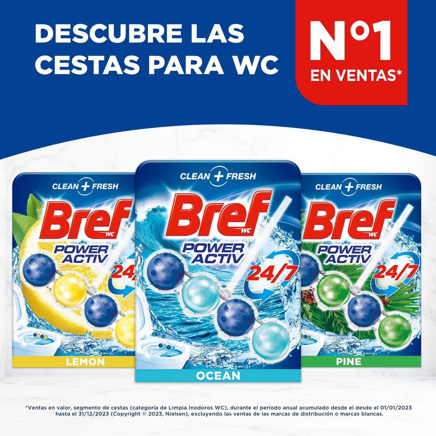 Bref WC Power Activ Ocean Detergente Profumatore in Pastiglie Igienizzante Bagno, Pulito, Fresco, 1 Confezione da 3 Pezzi